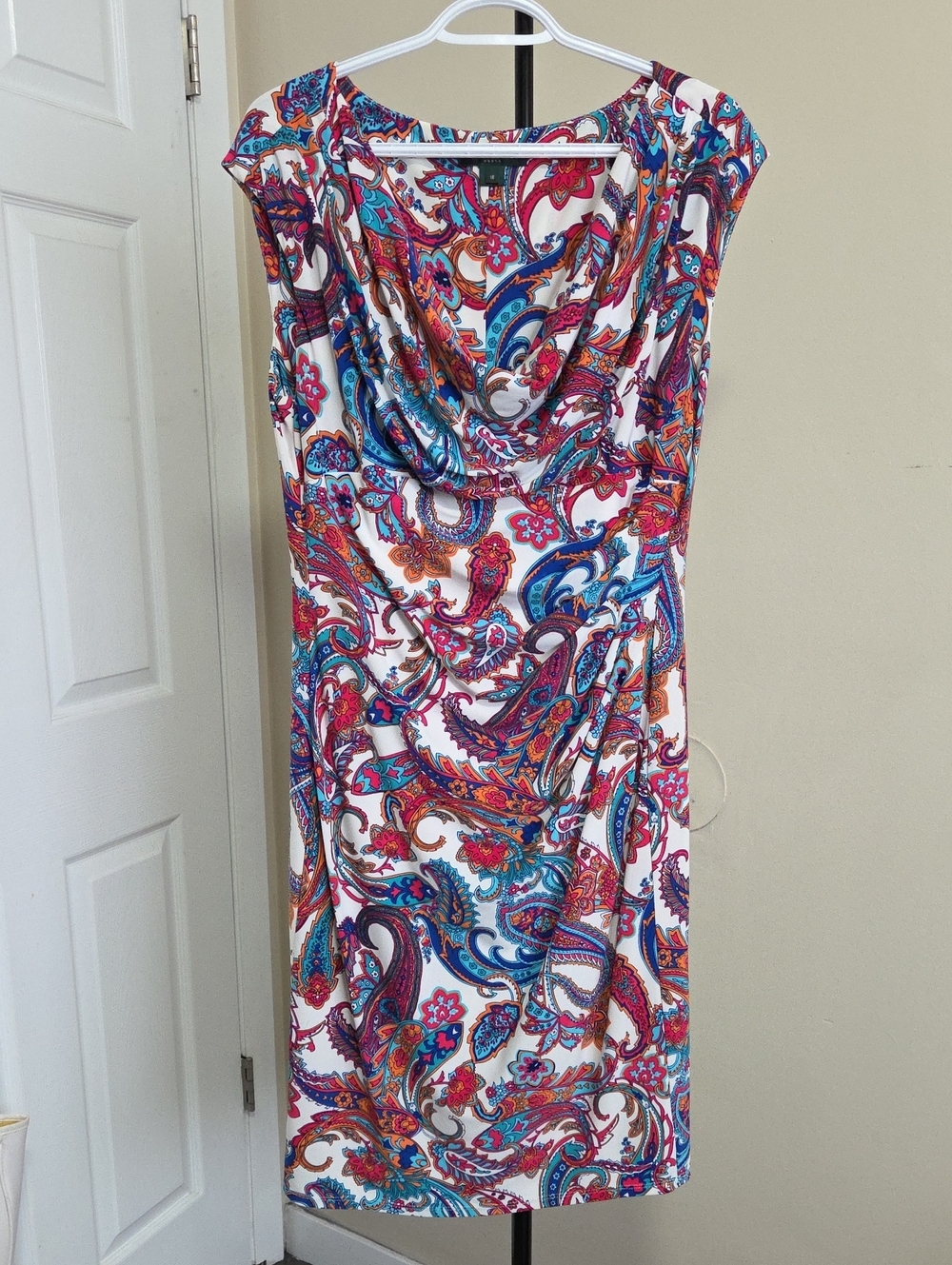 Ralph Lauren Paisley Cowl-Neck Dress in White, Blue & Pink